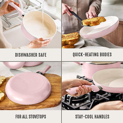 GreenLife 2-Piece Nonstick Frying Pan Set, 8” & 10” Skillets, Non-Toxic Ceramic Cookware, Dishwasher Safe, Stay-Cool Handles, Induction Ready, Fast Heating, Omelet Pan, PFAS Free, Blush Pink