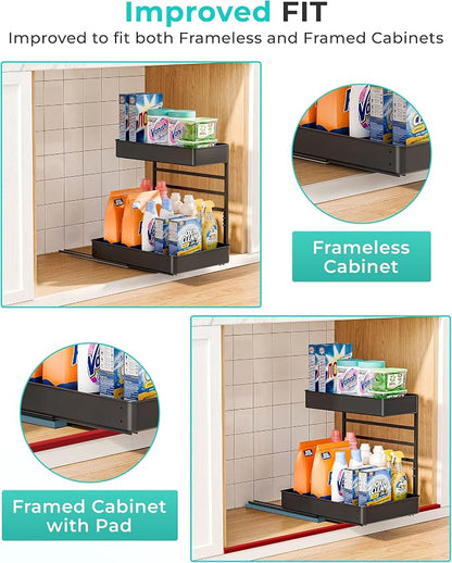EVERIE Height Adjustable 2 Tier Metal Pull Out Slide Shelf Organizer for Under Sink Cabinets in Kitchen, Bathroom, with Snap-on Top Tray, 16" Deep (Black, 2 Sets) | Pull Out