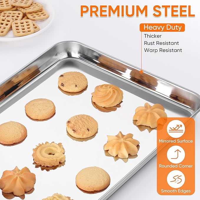 LIANYU Stainless Steel Baking Sheet Pans of 2, 12.4x9.7 Inch Quarter Sheet Pan, Heavy Duty Cookie Sheet for Baking, Bakeware Oven Tray for Food, Non Toxic & Easy Clean, Dishwasher Safe