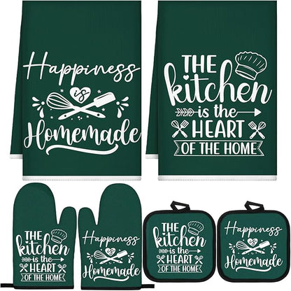 Sratte 6 Pcs Kitchen Decor Accessories Set Farmhouse Towels Pot Holders Oven Mitts Set 2 Dish Towels 2 Potholders 2 Cooking Mittens Oven Glove for Christmas Baking Cooking(Dark Green,Kitchen)