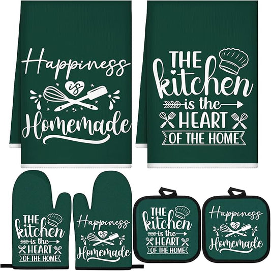 Sratte 6 Pcs Kitchen Decor Accessories Set Farmhouse Towels Pot Holders Oven Mitts Set 2 Dish Towels 2 Potholders 2 Cooking Mittens Oven Glove for Christmas Baking Cooking(Dark Green,Kitchen)