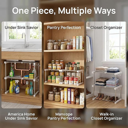 BLULEE Expandable Under Sink Organizer, No-Drill Adjustable Shelf for Heavy Laundry Supplies, Custom Fit Around Pipes Cabinet Rack for Bathroom Vanity and Kitchen Pantry