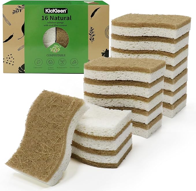 16 Pack Biodegradable Natural Kitchen Sponge - Compostable Cellulose and Coconut Walnut Scrubber Sponge - Eco Friendly Sustainable Sponges for Dishes