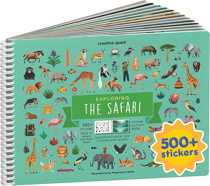 Safari Animals 500+ Kids Sticker Book by Cupkin Toddler Airplane Travel Activity Coloring and Sticker Book, Road Trip Essentials, 12 Coloring Pages 12 Scenes for Ages 2–8 Years