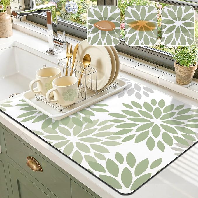 Findosom Floral Dish Drying Mat, 18" x 24" Super Absorbent & Hide Stain Coffee Mat, Cuttable Drying Mat for Kitchen Counter, Under Dish Rack, Coffee Maker, Espresso Machine, Sage Green