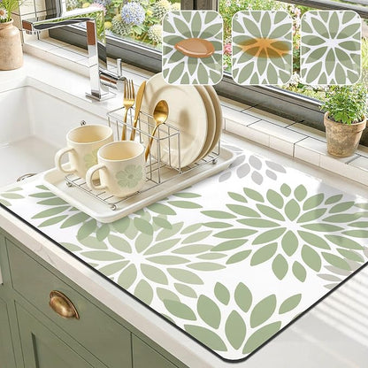 Findosom Floral Dish Drying Mat, 18" x 24" Super Absorbent & Hide Stain Coffee Mat, Cuttable Drying Mat for Kitchen Counter, Under Dish Rack, Coffee Maker, Espresso Machine, Sage Green