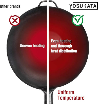 YOSUKATA 13.5" Carbon Steel Wok Pan – Pre-Seasoned Flat Bottom Pow Wok for Stir Fry, BBQ, Grill & Camping – Traditional Japanese Chinese Cookware – Compatible with Induction, Electric, Gas, Open Fire