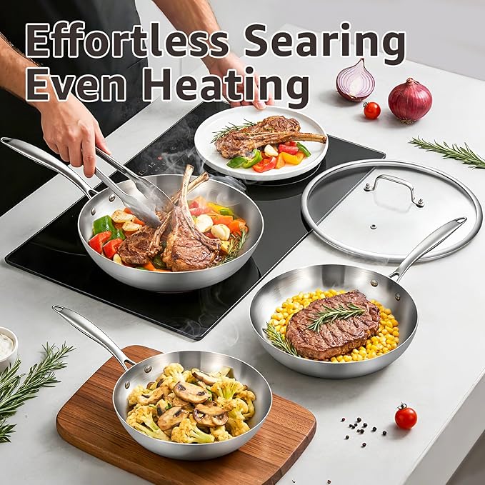 Inqibee Tri-Ply Stainless Steel Frying Pans Set with Lid, 8”/9.5”/11” Skillets, Induction Cooking Pans Set, Riveted Handle, Even Heating and Oven Safe