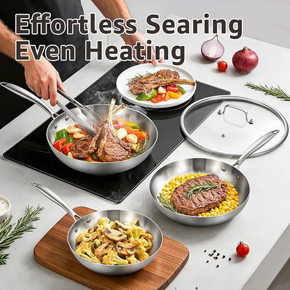 Inqibee Tri-Ply Stainless Steel Frying Pans Set with Lid, 8”/9.5”/11” Skillets, Induction Cooking Pans Set, Riveted Handle, Even Heating and Oven Safe