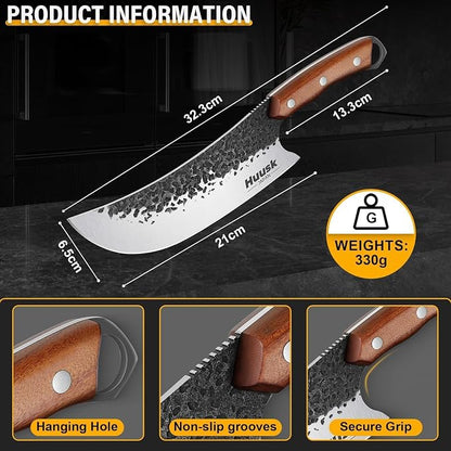 Huusk Butcher Knife for Meat Cutting, Meat Cleaver Heavy Duty with Sheath, Hand Forged Cooking Knives with Full Tang handle for Kitchen or BBQ, Men's gifts
