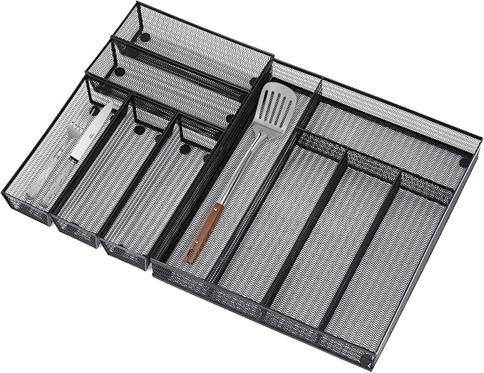 Neudeco Drawer Organizer Set, Black Mesh, 6 Pack | 5-Compartment Silverware Organizer Tray, 5 Utensil Trays, For Flatware, Cutlery, Office Supplies, Non-Slip