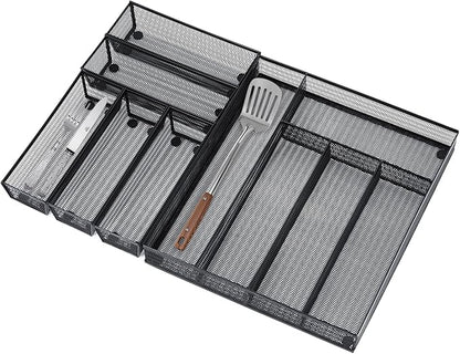 Neudeco Drawer Organizer Set, Black Mesh, 6 Pack | 5-Compartment Silverware Organizer Tray, 5 Utensil Trays, For Flatware, Cutlery, Office Supplies, Non-Slip