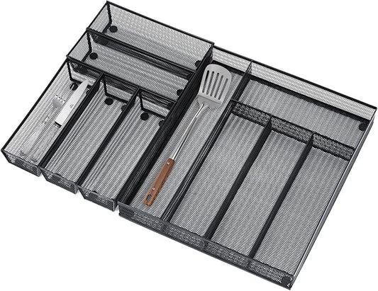 Neudeco Drawer Organizer Set, Black Mesh, 6 Pack | 5-Compartment Silverware Organizer Tray, 5 Utensil Trays, For Flatware, Cutlery, Office Supplies, Non-Slip