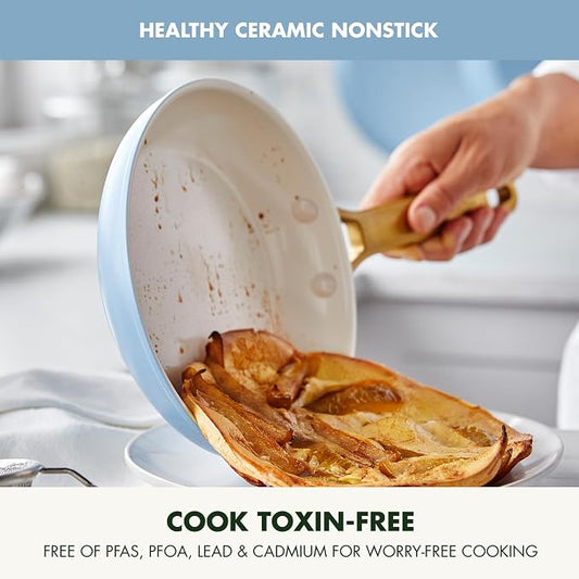 GreenPan Hard Anodized Healthy Ceramic Nonstick 8" 10" & 12" 3 Piece Frying Pan Skillet Set, Gold Handle, PFAS-Free, Dishwasher Safe, Oven Safe, Sky Blue