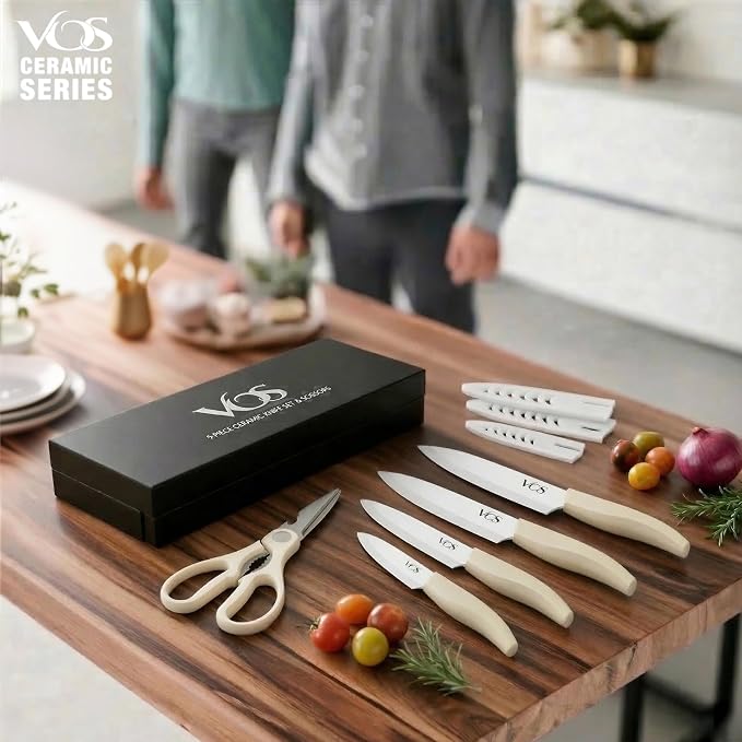 Vos ceramic knives set for kitchen in gift box, 5 ceramic knife with cover with scissors, 3" 4" 5" 6" ultra sharp knives for home cooks, lightweight, rust-free, dishwasher safe (Off-white handle)