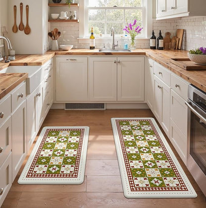GENIMO Anti Fatigue Kitchen Mats for Floor, Cushioned Non Slip Kitchen Rug, Waterproof Kitchen Floor Mat Runner, Kitchen Mat for Laundry, Sink, Office, Entryway, 20"x48"+20"x32", Green