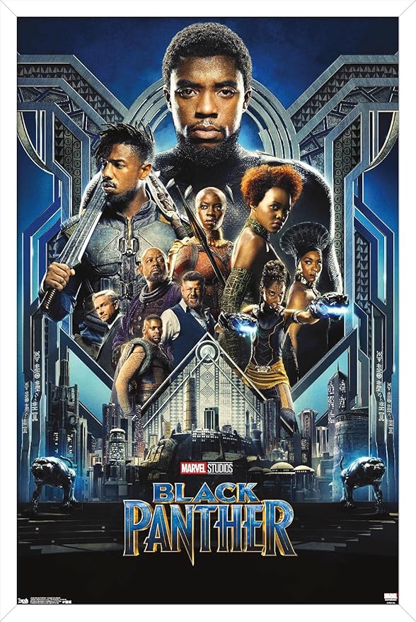 Trends International Marvel Cinematic Universe - Black Panther - Group One Sheet Wall Poster, 14.725" x 22.375", White Framed Version