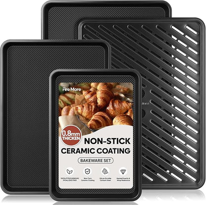 Nonstick Cookie Sheets for Baking with Cooling Rack Set of 4, 0.8mm Thick Heavy Duty Baking Sheets for Oven, Half/Quarter/Jelly Roll Pans Oven Trays, Baking Pan Set with Diamond Texture
