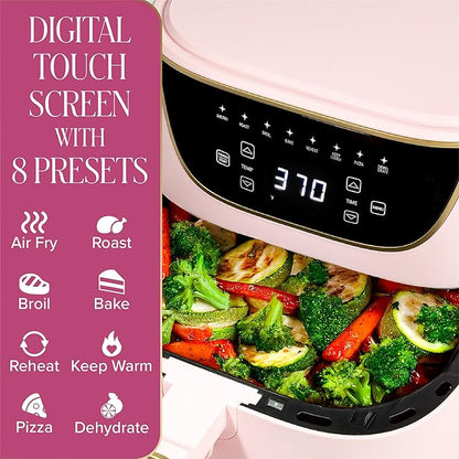 Paris Hilton 6-Quart Air Fryer, Nonstick Basket Made Without PFAS, Touchscreen, 8-in-1 (Fry, Roast, Broil, Bake, Reheat, Keep Warm, Pizza, Dehydrate), Dishwasher Safe Basket and Crisping Tray, Pink