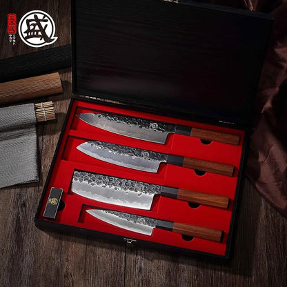 MITSUMOTO SAKARI 4-Piece Japanese Chef Knife Set, 9Cr18MoV Steel | Gyuto, Santoku, Nakiri and paring knives, 3-layer 9Cr18MoV steel, rosewood handles, sandalwood box