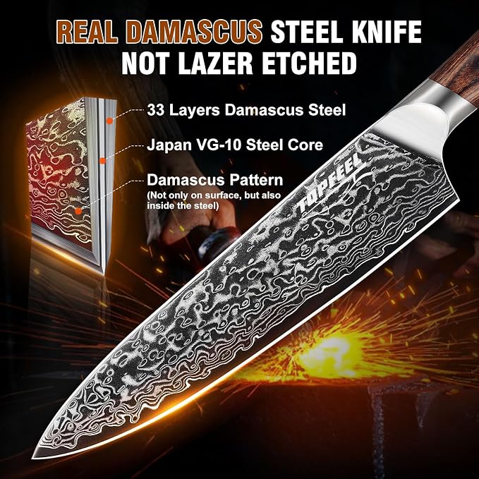 Damascus Kitchen Knife Set 3 PCS, Ultra Sharp Chef Knife Set With Japan VG-10 Steel Core, Professional High Carbon Steel Japanese Knife Sets for Cooking With Ergonomic Wooden Handle & GIFT BOX