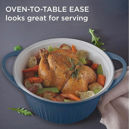CorningWare QuickHeat 5.5-QT Cast Aluminum Dutch Oven With Lid & Non-Stick Ceramic Interior, Lightweight and Fast Even Heat Baking & Cooking, For Meats, Soup, Browning, Searing, French Navy