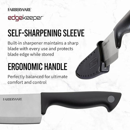 Farberware Edgekeeper 8-Inch Chef Knife with Self-Sharpening Blade Cover, High Carbon-Stainless Steel Kitchen Knife with Ergonomic Handle, Razor-Sharp Knife, Black