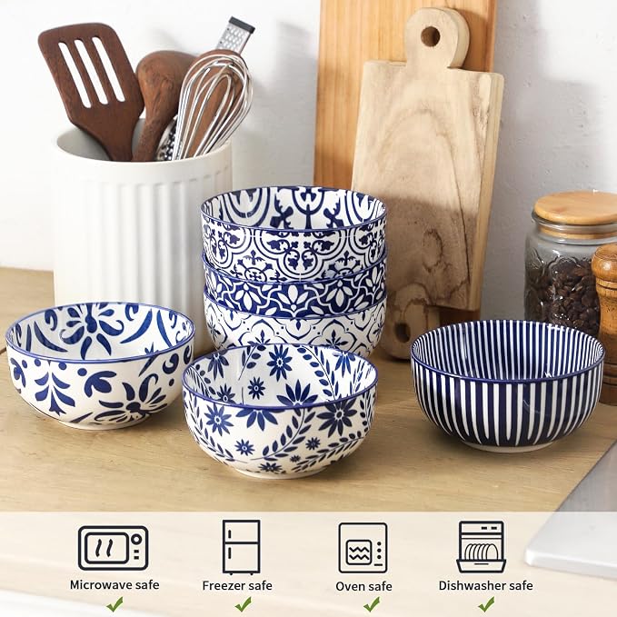 glowworm Cereal Bowls Set of 6, 26 Oz Porcelain Soup Bowls for Kitchen, Vintage Bowl Set for Rice, Oatmeal, Ice Cream, Dessert, Dishwasher & Microwave safe, Bohemian Blue & White