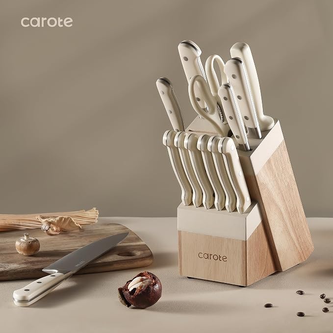 CAROTE 14 Pieces Knife Set with Block, Forged, High Carbon Stainless Steel Sharp Blade Block Knife Set, Dishwasher Safe Cutlery, Cream (Pack of 2)