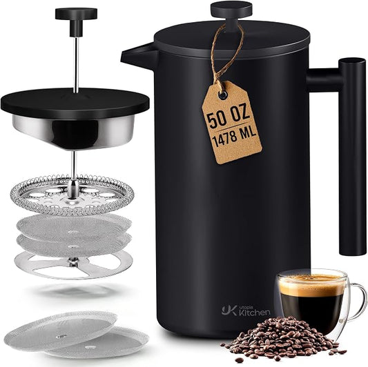Utopia Kitchen 304 Grade Stainless Steel French Press Coffee Maker 50 Oz, Double Wall Insulated Coffee Press with 4-Level Filtration system, Include 2 Extra Filters, Rust-Free, Black