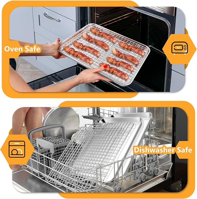 TeamFar Baking Pan with Rack Set (2 Pans + 2 Racks), Stainless Steel Cookies Sheet Baking Tray Pan with Grid Cooling Rack for Toaster Oven, Healthy & Heavy-Duty, Dishwasher Safe, 12.5 x 9.5 x 1 Inch