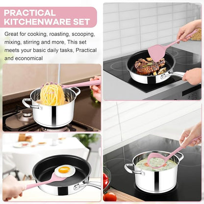 TeamFar Silicone Cooking Utensils Set, 8 PCS Kitchen Utensils Set, 446°F Heat Resistant, Turner, Spatula, Spoon, Whisk, Kitchen Cooking Gadgets Tools for Nonstick Cookware, Dishwasher Safe-Pink
