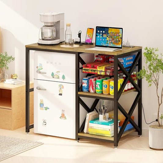 METYERRY Kitchen Bakers Rack with Power Outlet,Mini Fridge Cabinet with Mesh Basket, Mini Fridge and Microwave Table with Storage for Office,Kitchen,Living Room,Coffee Bar,Patio,Brown