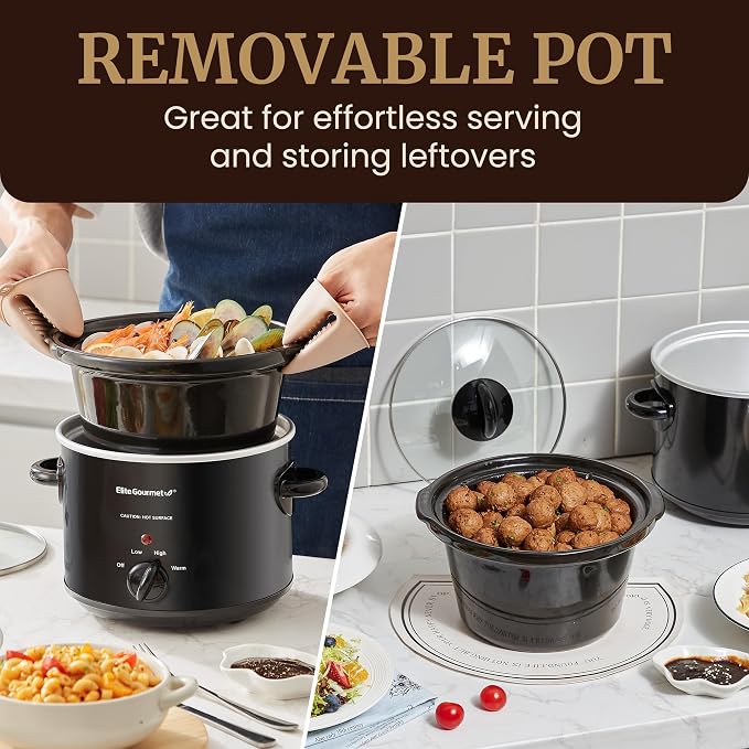 Elite Gourmet MST-350B Electric Slow Cooker, Adjustable Temp, Entrees, Sauces, Stews & Dips, Dishwasher Safe Glass Lid & Crock (3 Quart, Black)