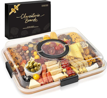 Renmxj Charcuterie Board with Clear Lid, Travel Portable Cheese Board Charcuterie Boxes Cutting Boards for Kitchen, House Warming Gifts New Home, World Cup Gift (Black, 6 Compartments)