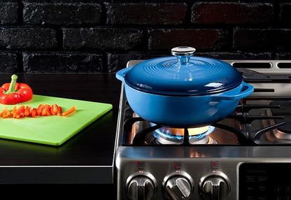 Lodge 3 Quart Enameled Cast Iron Dutch Oven with Lid – Dual Handles – Oven Safe up to 500° F or on Stovetop - Use to Marinate, Cook, Bake, Refrigerate and Serve – Caribbean Blue