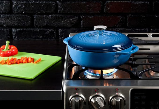 Lodge 3 Quart Enameled Cast Iron Dutch Oven with Lid – Dual Handles – Oven Safe up to 500° F or on Stovetop - Use to Marinate, Cook, Bake, Refrigerate and Serve – Caribbean Blue