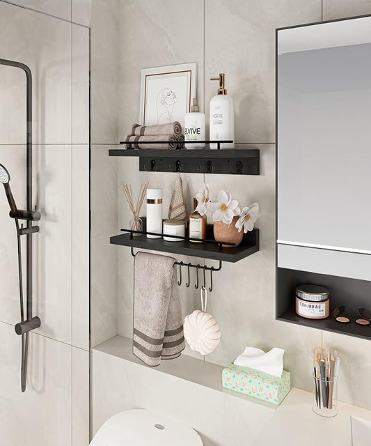 Wood Floating Shelves with Metal Hooks, Wall Mounted Coat Rack with Shelf Set of 2, Bathroom Wall Shelf with Removable Towel Bar, Hanging Shelves with 9 Hooks for Kitchen Entryway Coffee Bar, Black
