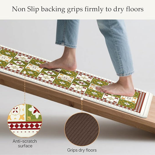 GENIMO Anti Fatigue Kitchen Mats for Floor, Cushioned Non Slip Kitchen Rug, Waterproof Kitchen Floor Mat Runner, Kitchen Mat for Laundry, Sink, Office, Entryway, 20"x48"+20"x32", Green
