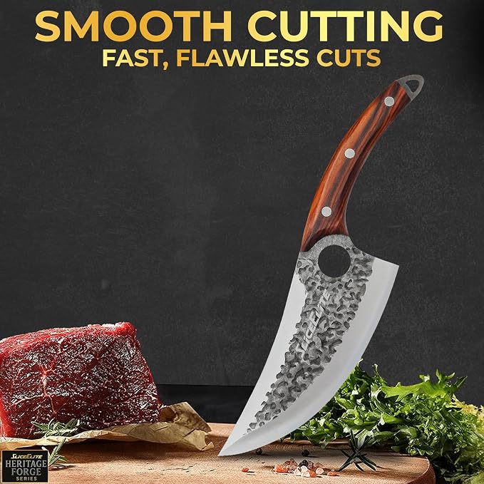 SliceElite Heritage Forge Series Father’s Day Gift for Dad Viking Knife Meat Cutting Kitchen Knife Boning Slicing BBQ Knife Kitchen Knife Full Tang Sandalwood Handle Hammered Pattern Forged Steel