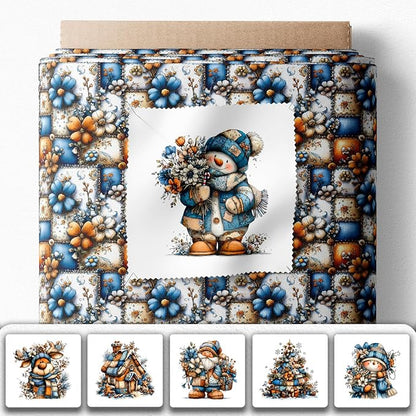 Winter Patchwork Snowman Quilting Fabric Panel – 6× (10×10 inch) Blocks + Bonus Patchwork Sheet 29.5×19.6 inch, 100% Cotton 140 GSM, Blue–Orange Floral Winter Theme