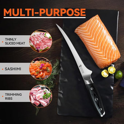 TUO Fillet Knife, 7 Inch Professional Fish Boning Knife for Trimming Meat & Poultry, Flexible Blade, High Carbon German Steel, Full Tang Handle - Black Hawk Series