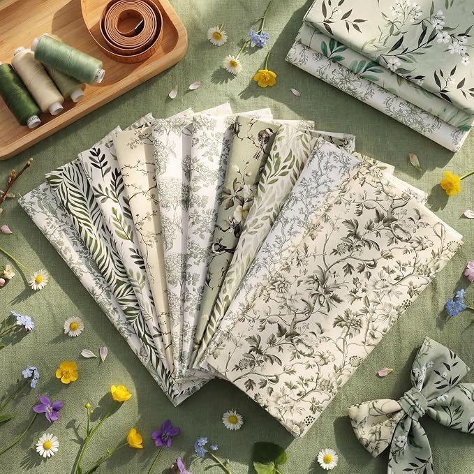 Tatuo 30 Pieces 10 x 10 Inches Sage Green Floral Quilting Fabric Bundle Cotton Squares Patchwork Vintage Greenery Floral Fabric Sewing Bundles Retro Eucalyptus Cloth for DIY Scrapbook Craft Making