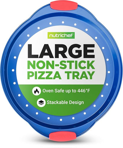 NutriChef 13-Inch Nonstick Pizza Tray - Round Carbon Steel Non-Stick Pizza Baking Pan with Perforated Holes, Premium Bakeware Pizza Screen with Silicone Grip Handles, Dishwasher Safe - Blue
