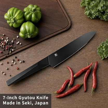 7 Inch Japanese Chef Knife, Made in Japan, High Carbon Molybdenum Stainless Steel Gyuto Knife with Black Non-stick Coating, Kitchen Knife for Vegetable & Meat Cutting, Men's Gift