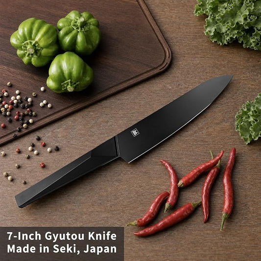 7 Inch Japanese Chef Knife, Made in Japan, High Carbon Molybdenum Stainless Steel Gyuto Knife with Black Non-stick Coating, Kitchen Knife for Vegetable & Meat Cutting, Men's Gift