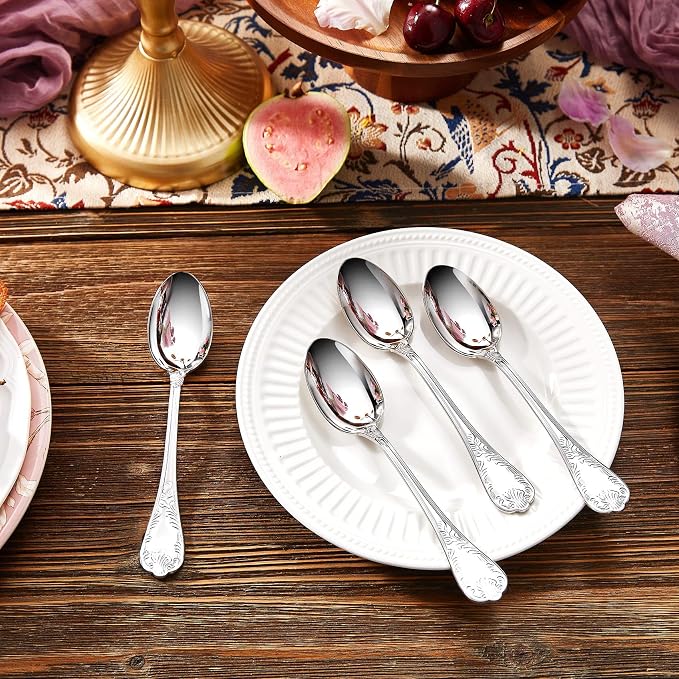 KEAWELL Premium Regalia 4-Piece Spoon Set 6.6-Inch – Ornate 18/10 Stainless Steel Silverware with European Luxury Handles, Dishwasher Safe for Elegant Dining (Silver, Teaspoons)