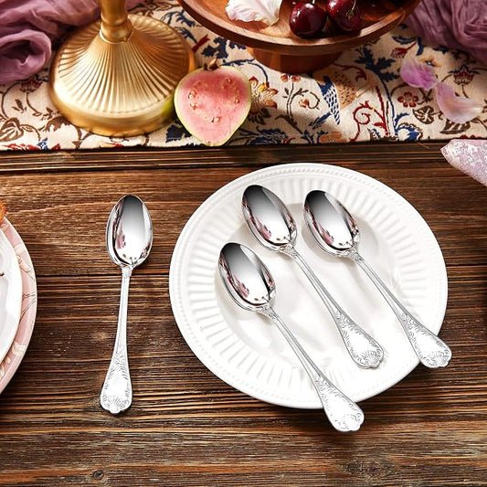 KEAWELL Premium Regalia 4-Piece Spoon Set 6.6-Inch – Ornate 18/10 Stainless Steel Silverware with European Luxury Handles, Dishwasher Safe for Elegant Dining (Silver, Teaspoons)