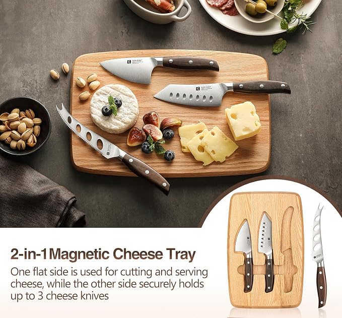 XINZUO Cheese Knife Set with In-Drawer Block, 4-Piece for Charcuterie Board,Hard Cheese Knife-Parmesan Cheese Knife,German Stainless Steel,Red Sandalwood Handle