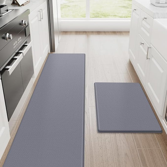 StepRite Kitchen Mats, Kitchen Rugs Sets of 2, Cushioned Anti Fatigue Kitchen Mats for Floor, Non-Slip Standing Desk Mat, Water Resistant Kitchen Rug Set for Home, Kitchen, 17.3"x30"+17.3"x70", Grey